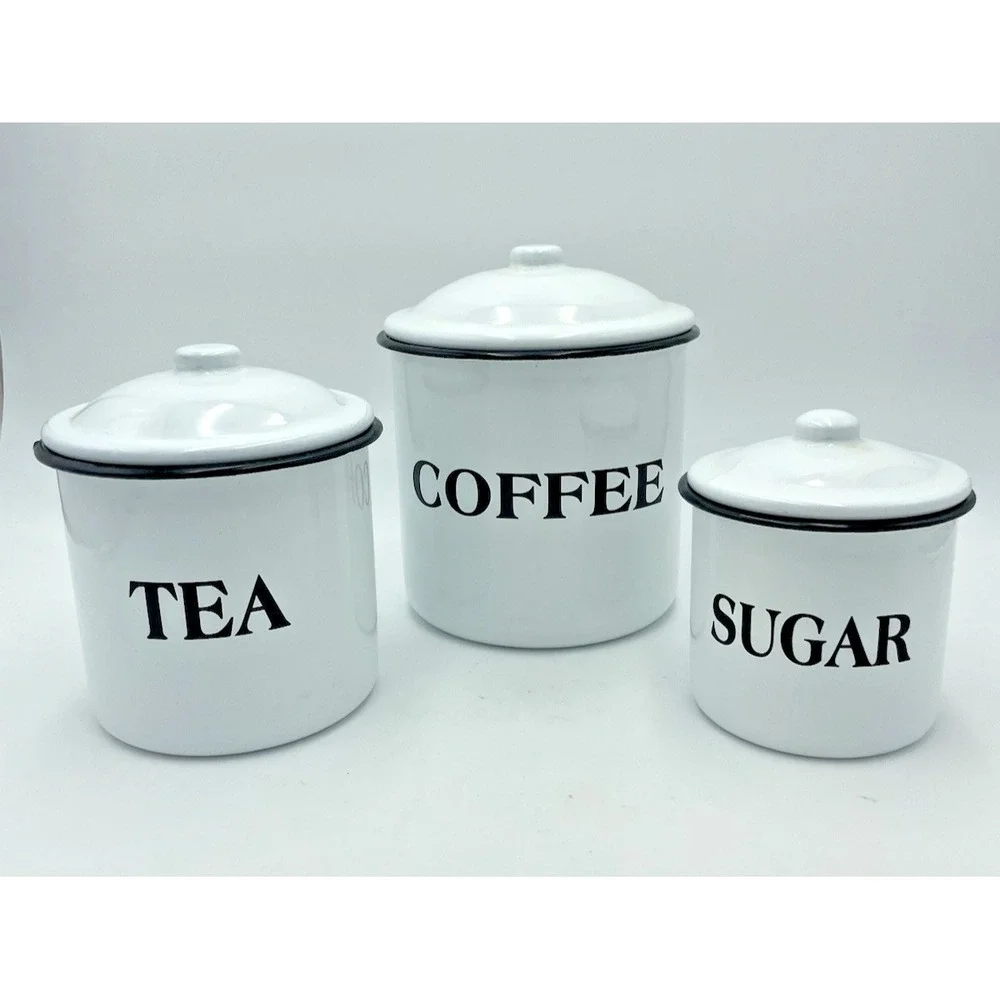 Farmhouse Coffee Tea Sugar White‎ Black Enamelware Canister Set Metal Cottage